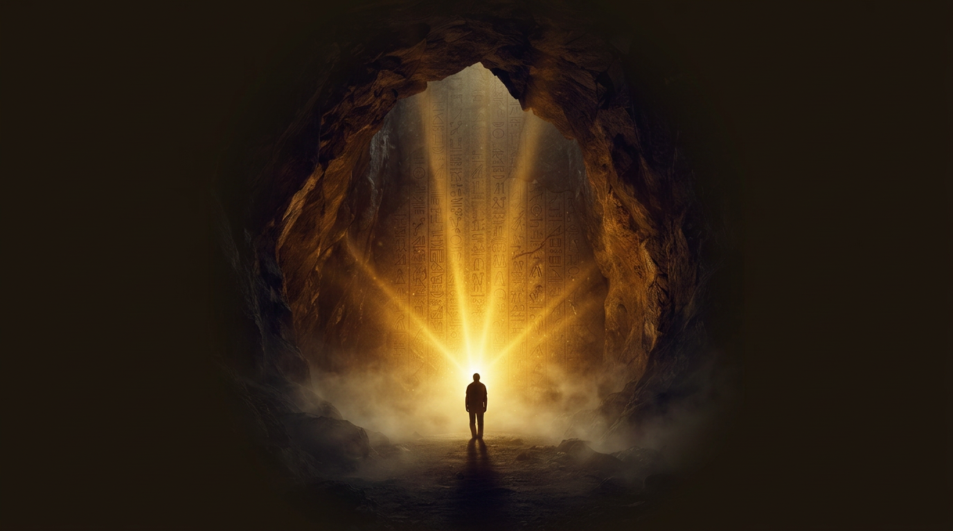 A mysterious cave entrance radiating golden light — the treasure we seek lies within the darkness we fear